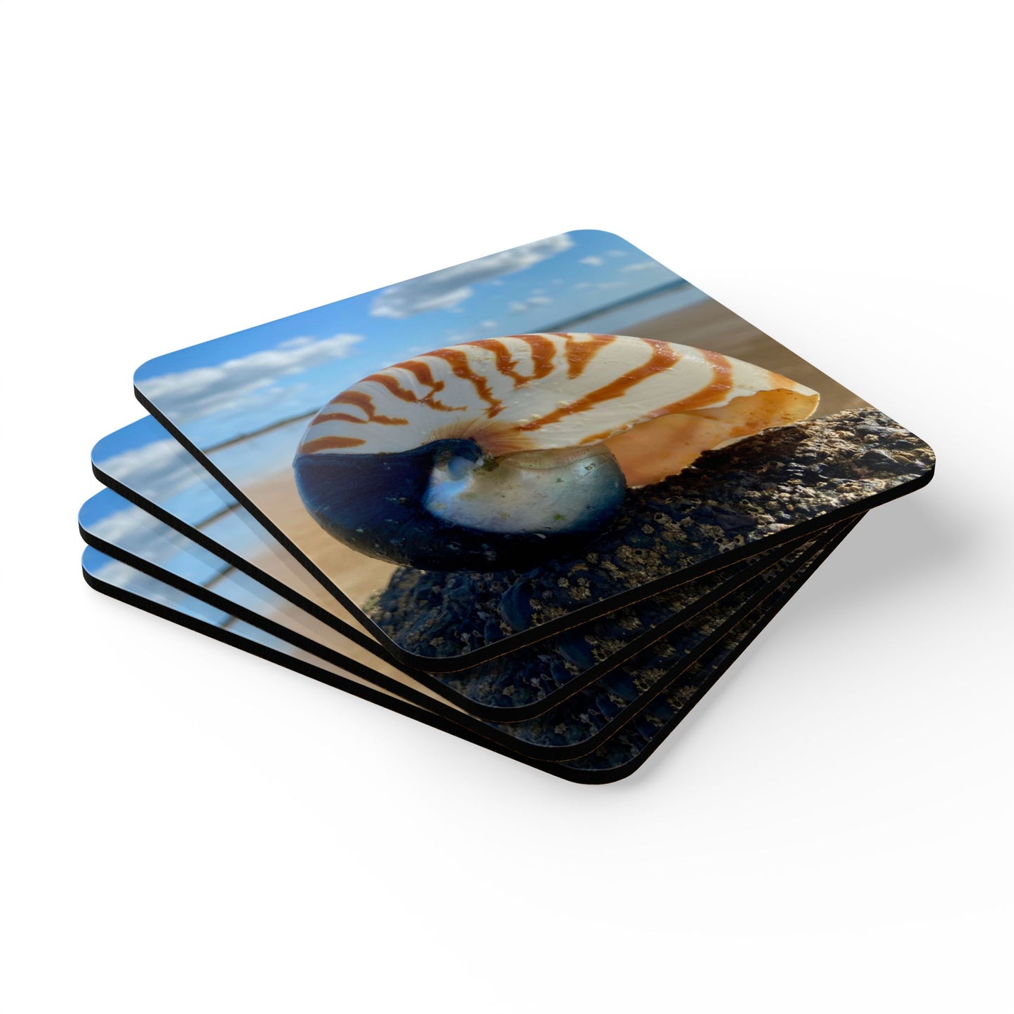 Coastal Shell Cork Coaster Set - Nautical Home Decor