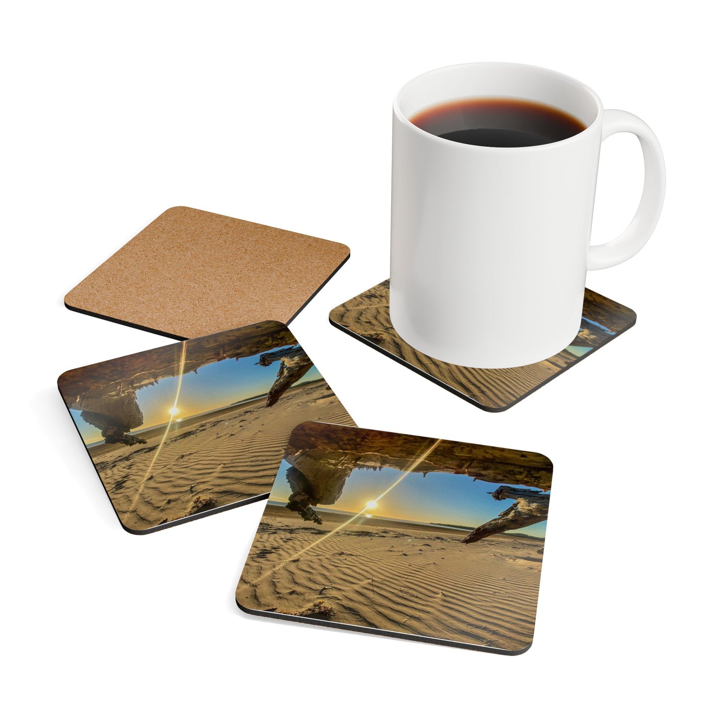 Beach Sunrise Corkwood Coaster Set - Rustic Home Decor for Ocean Lovers