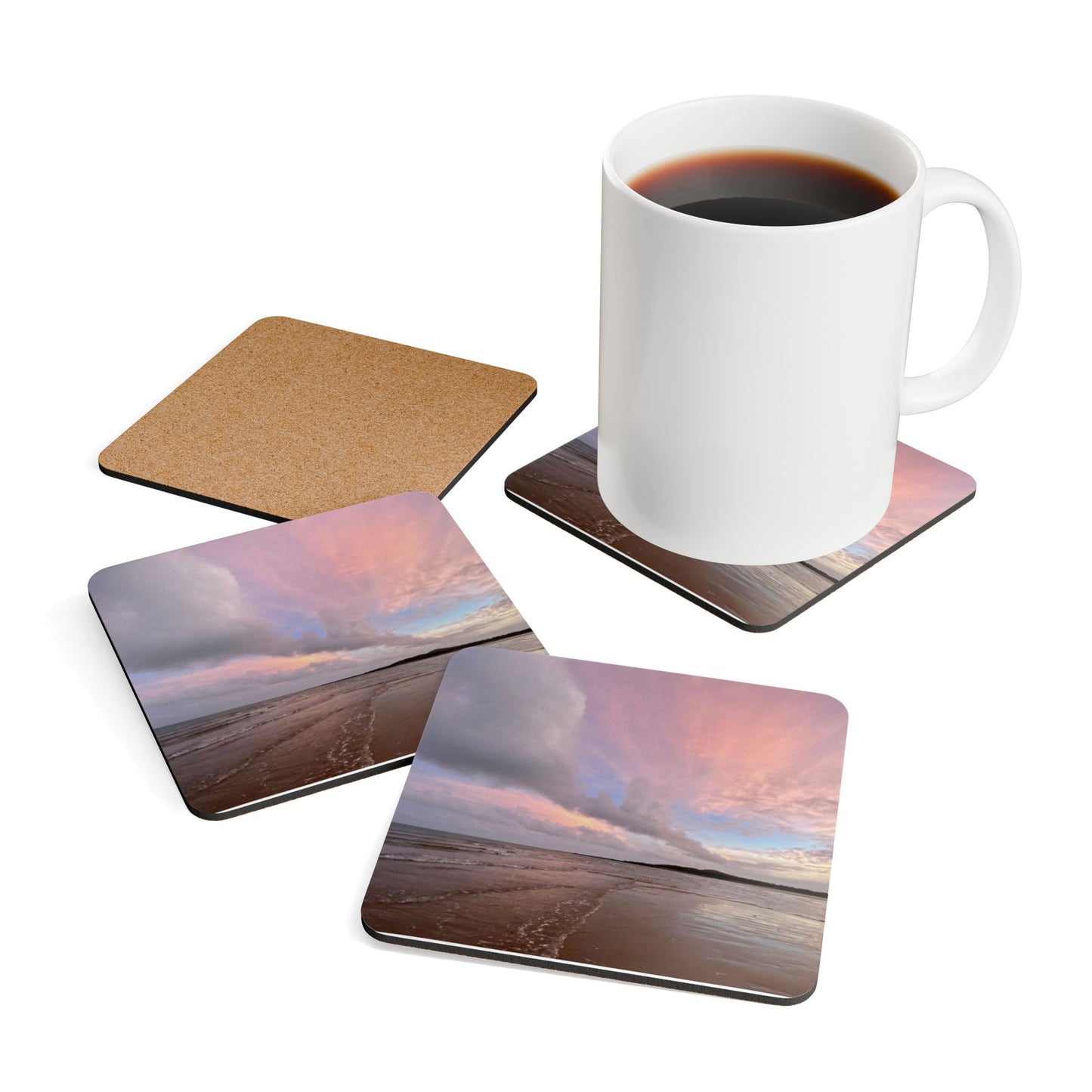 Serene Beach Sunset Corkwood Coaster Set - Eco-Friendly Home Decor