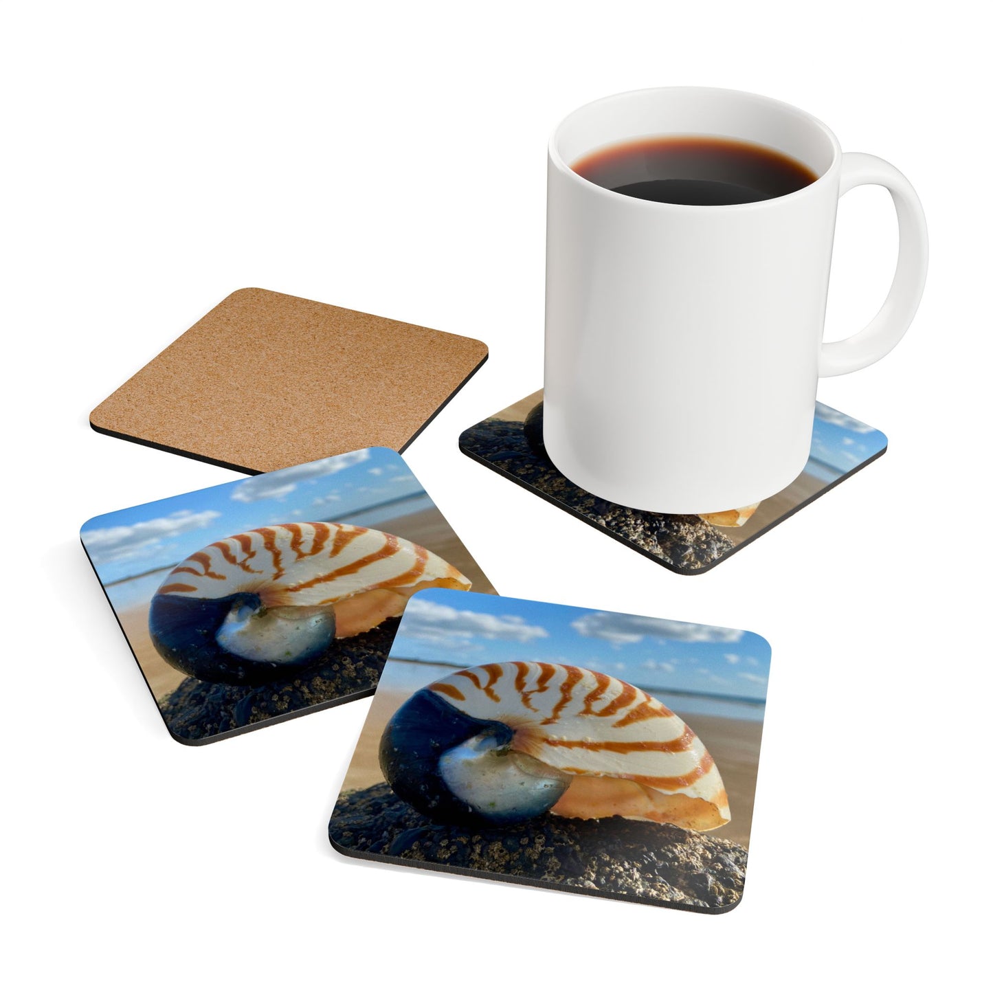 Coastal Shell Cork Coaster Set - Nautical Home Decor