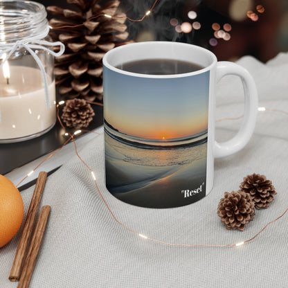 “Reset” White Ceramic Mug, 11oz