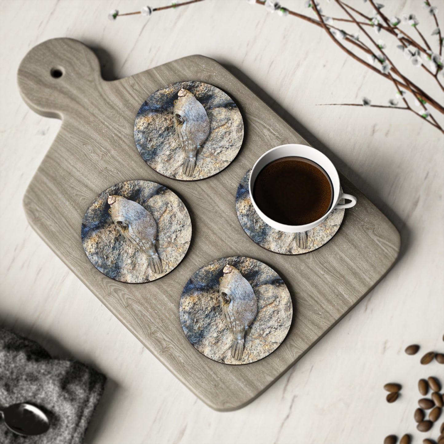 Coastal Fish Coasters – Nautical Home Decor for Ocean Lovers Fishing inspired- Puffer fish